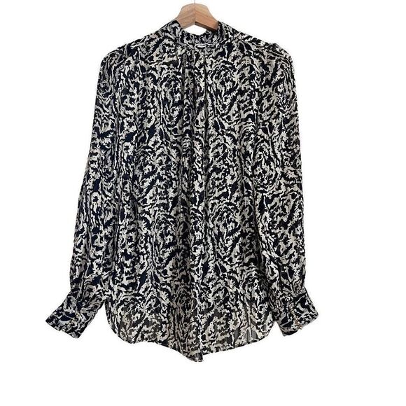 H&M Semi-Sheer 70s-inspired black & white patterned blouse shirt gold buttons S - Picture 2 of 4